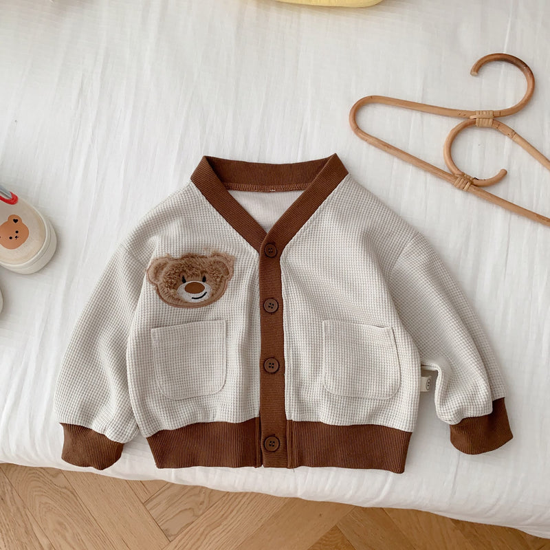 Baby Bear Button Waffle Pocket Romper Cardigan