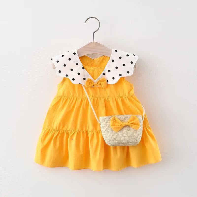 Baby Bowknot Dot Lapel Collar Dress with Bag