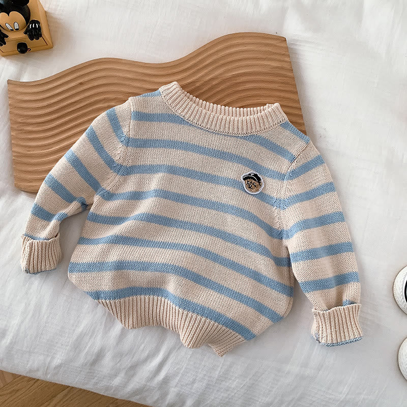 Baby Toddler Blue Striped Patch Bear Knitted Sweater