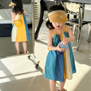 Toddler Girl Color Block Halterneck Tie Dress Loose Dress
