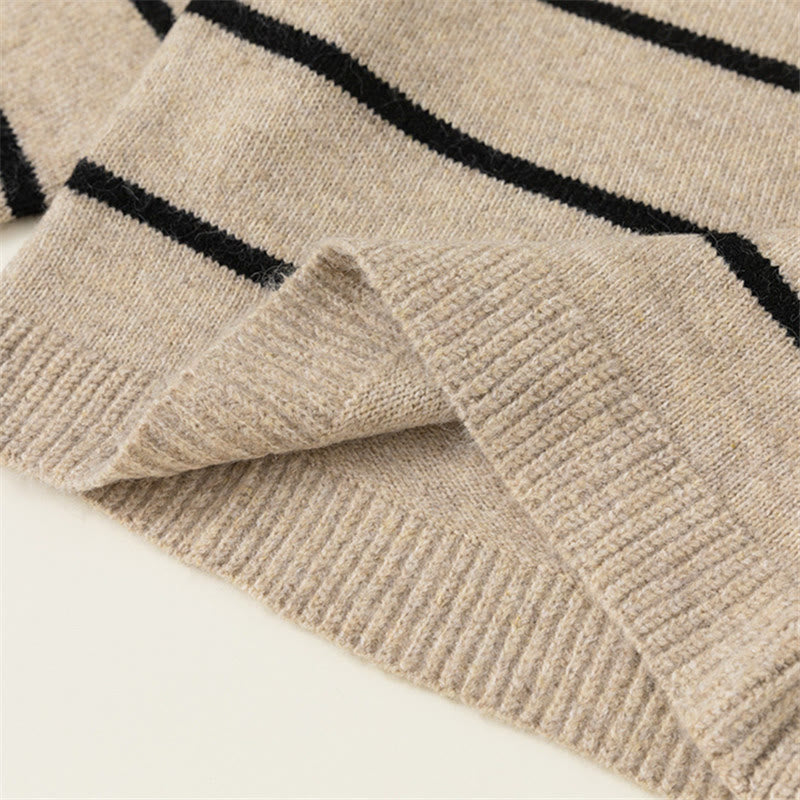 Toddler Lapels Khaki Broad-striped Knitted Casual Sweater