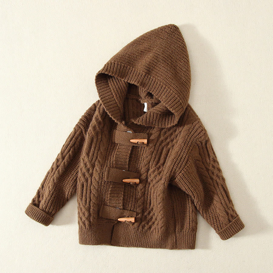 Toddler Horn Button Hooded Knitted Brown Coat