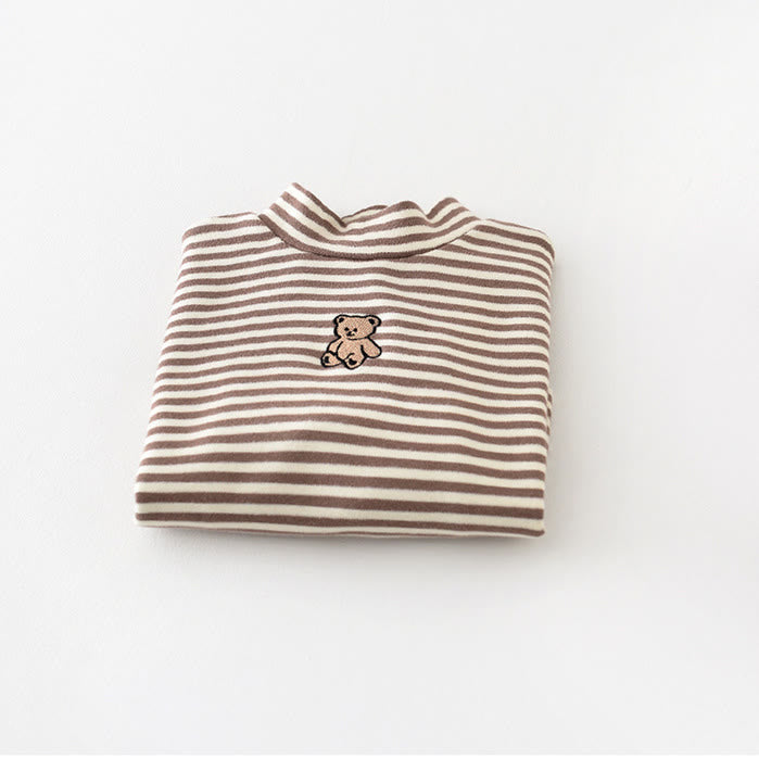 Baby Striped Embroidered Bear High Collar T-shirt