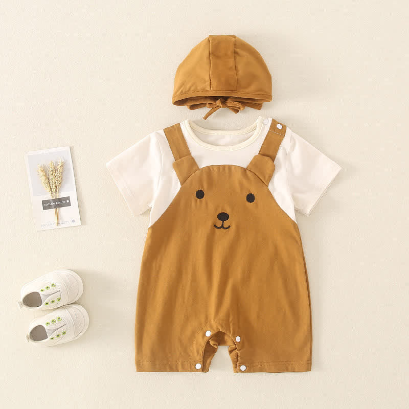 Baby Bear Fake 2 Pieces Romper with Hat