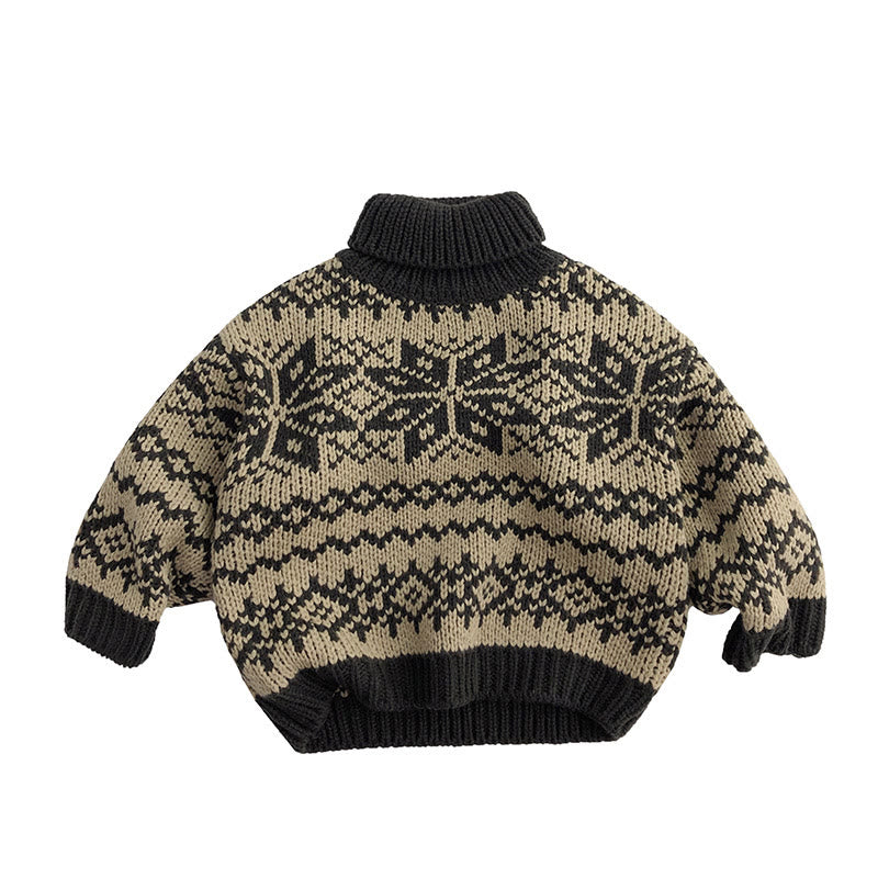 Toddler High Collar Knitted Retro Style Jacquard Sweater