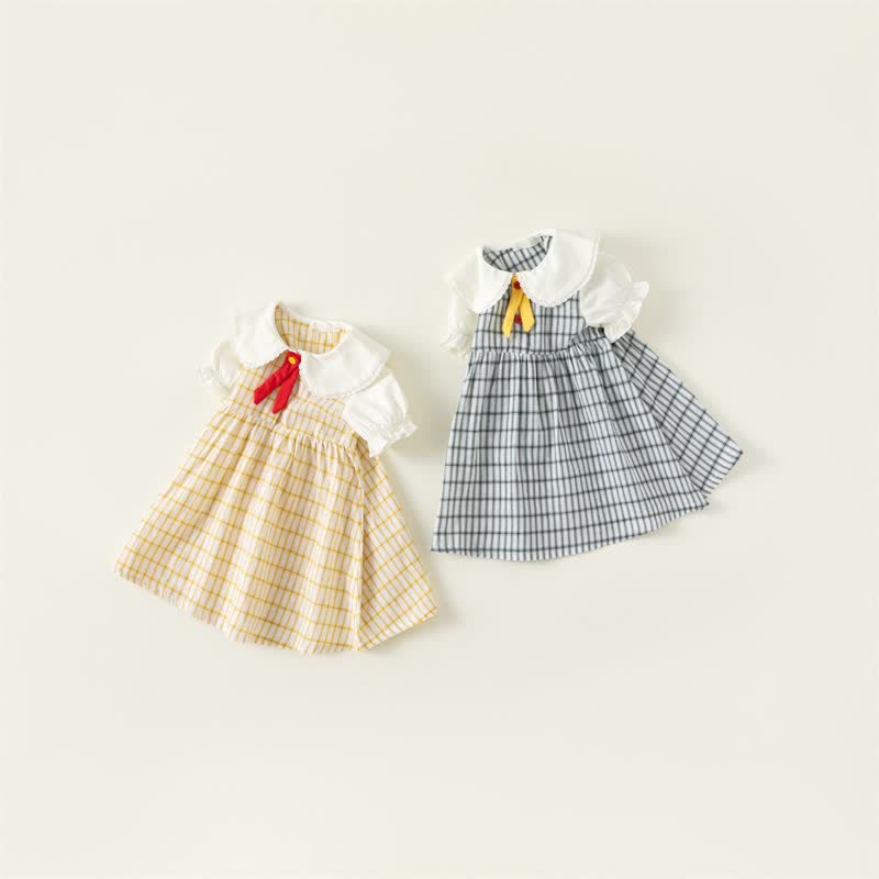 Toddler Girl Plaid Puff Sleeve Lapel Collar Dress