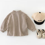 Baby Striped Embroidered Bear High Collar T-shirt