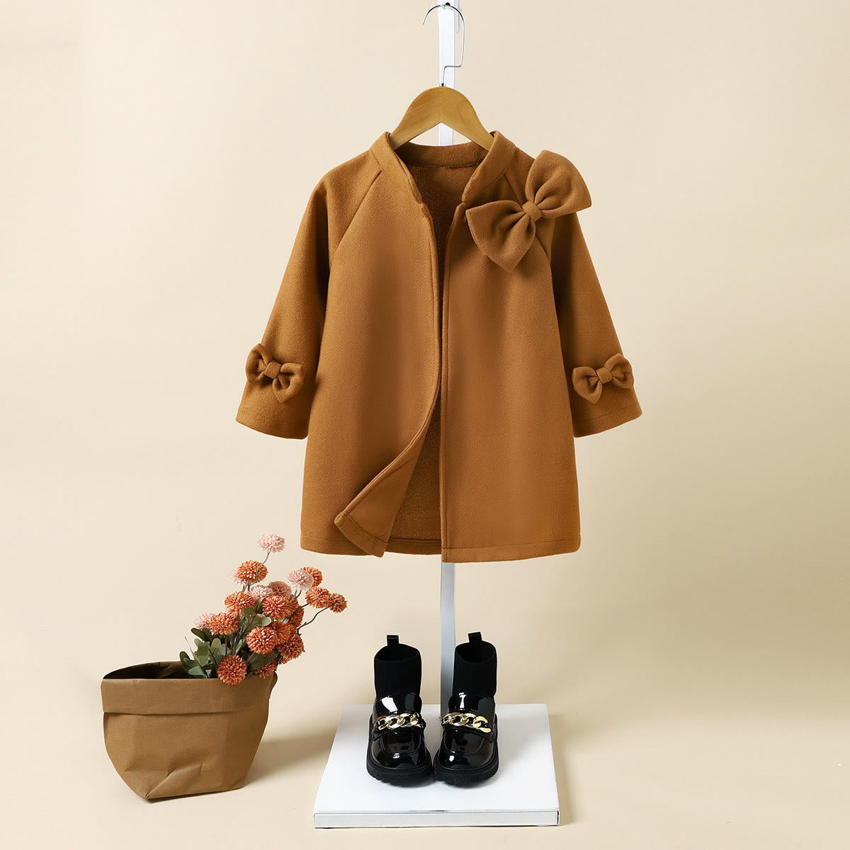 Toddler Girl Stand Collar Bow Brown Coat