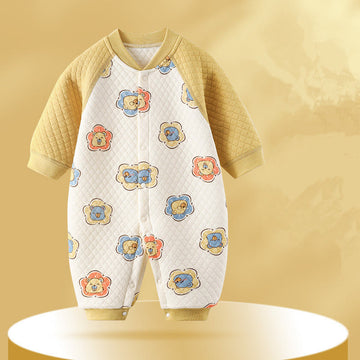 Baby Flower Bear Quilted Contrast Sleeves Romper