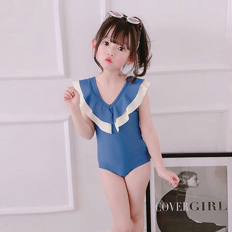 Toddler Girl One Piece Backless Swimsuit with Cap