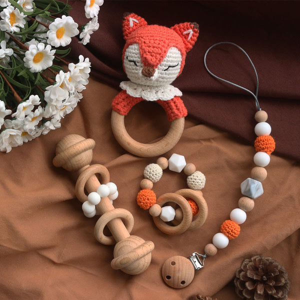 Baby Wooden Crochet Fox Rattle Toy