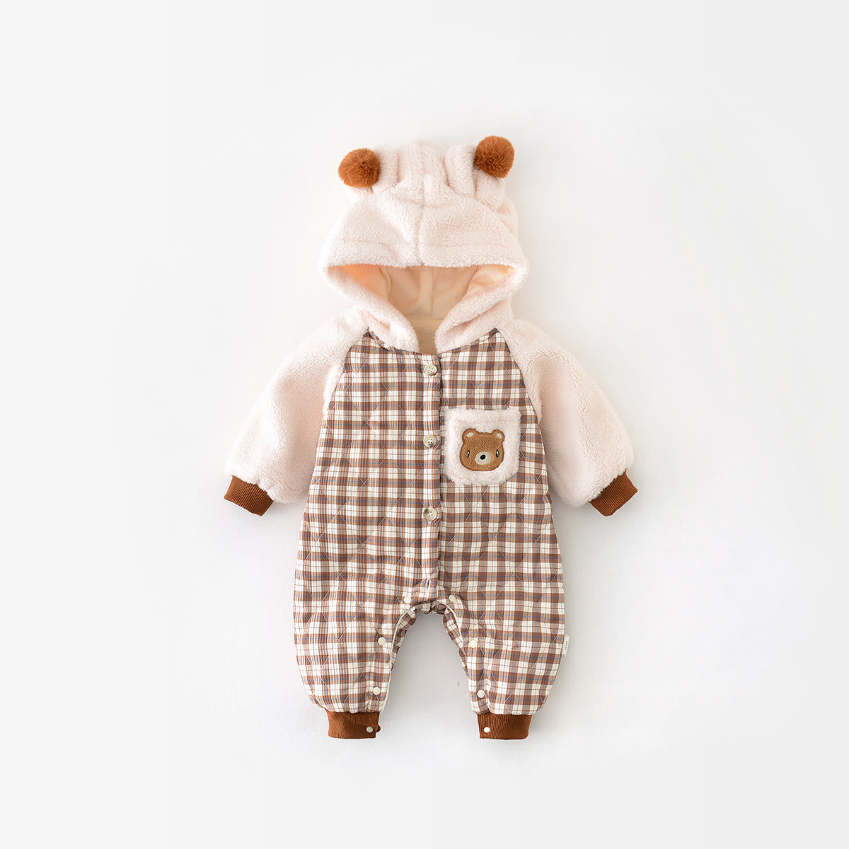 Baby Plaid Bear Fleece Hooded Romper