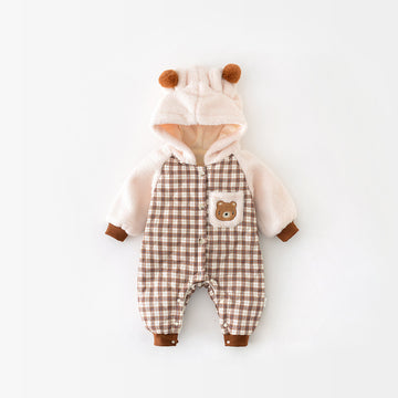 Baby Plaid Bear Fleece Hooded Romper