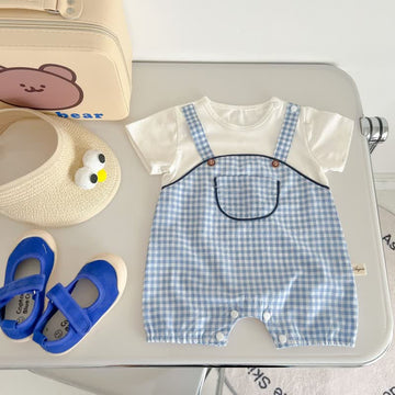Baby Splicing Plaid Crew Neck Romper
