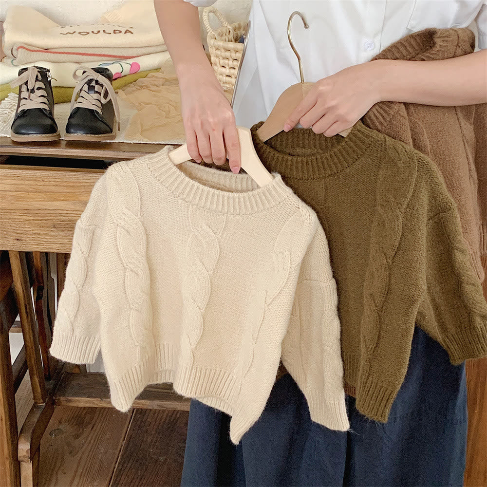 Toddler Solid Color Twist Knitted Round Neck Sweater