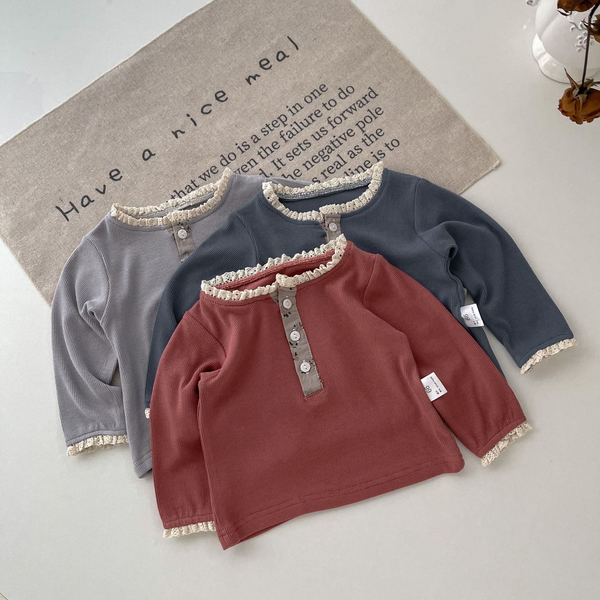 Baby Girl Button Lace Thin Ribbed Flower Sweatshirt