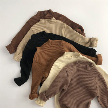 Toddler High Collar Knitted Ribbed Solid Color Sweater