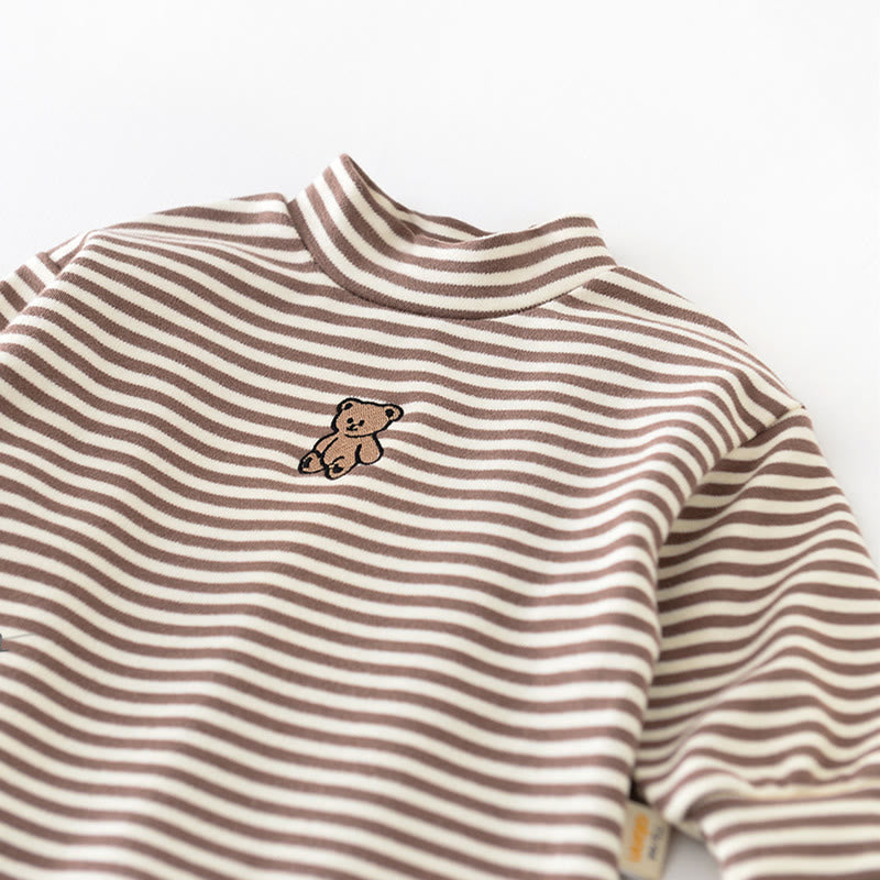 Baby Striped Embroidered Bear High Collar T-shirt