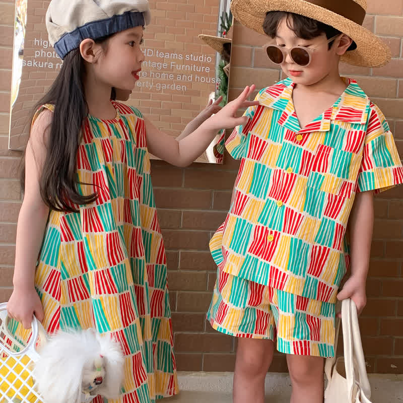 Toddler Color Block Striped Lapel Set Dress