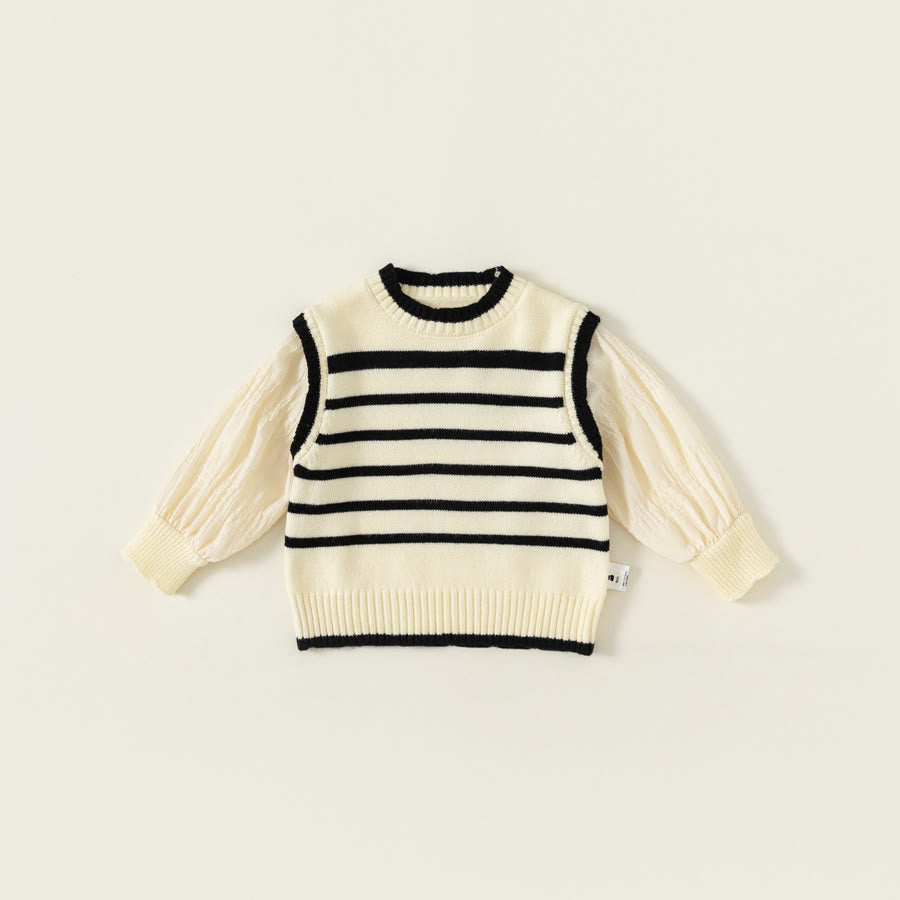 Toddler Striped Fake 2 Pieces Puff Sleeves Sweater