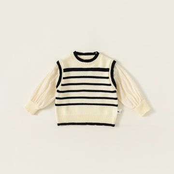 Toddler Striped Fake 2 Pieces Puff Sleeves Sweater