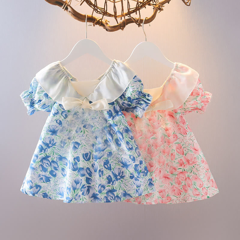Toddler Girl Flower Bowknot Lace Collar Dress