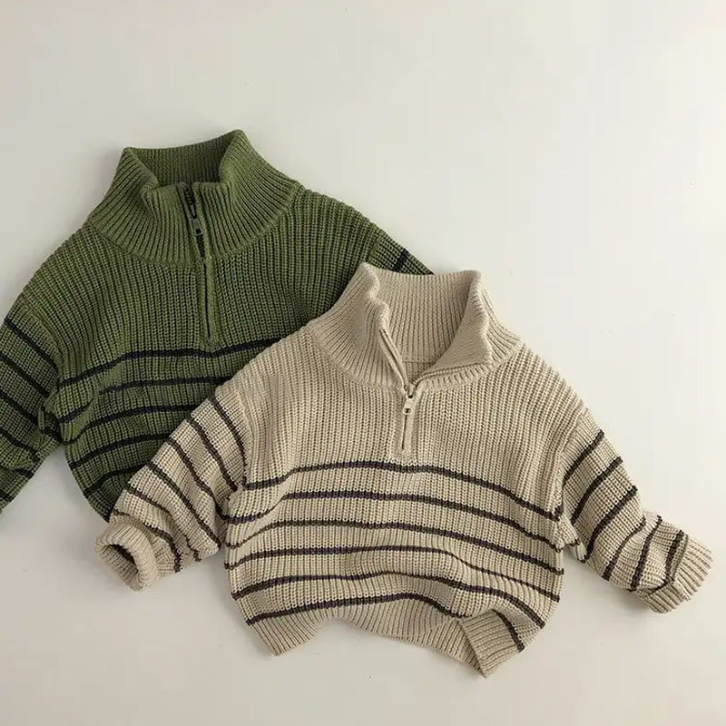 Toddler Zipper High Collar Striped Retro Style Sweater