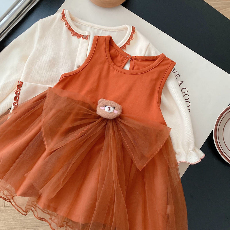 Toddler Girl Bear Sleeveless Orange Tulle Dress