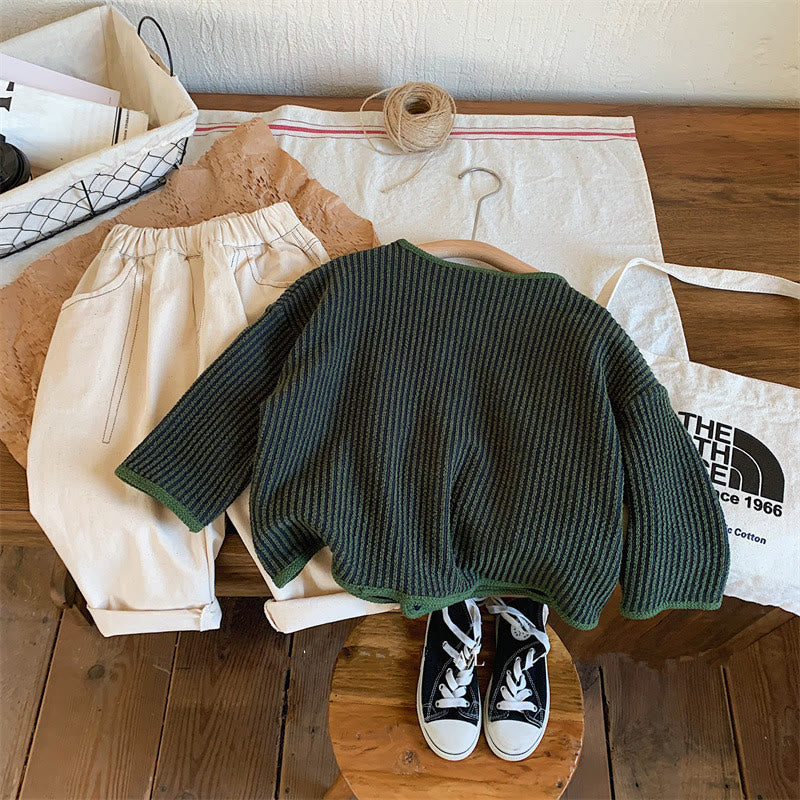Toddler Pocket Striped Round Neck Cardigan