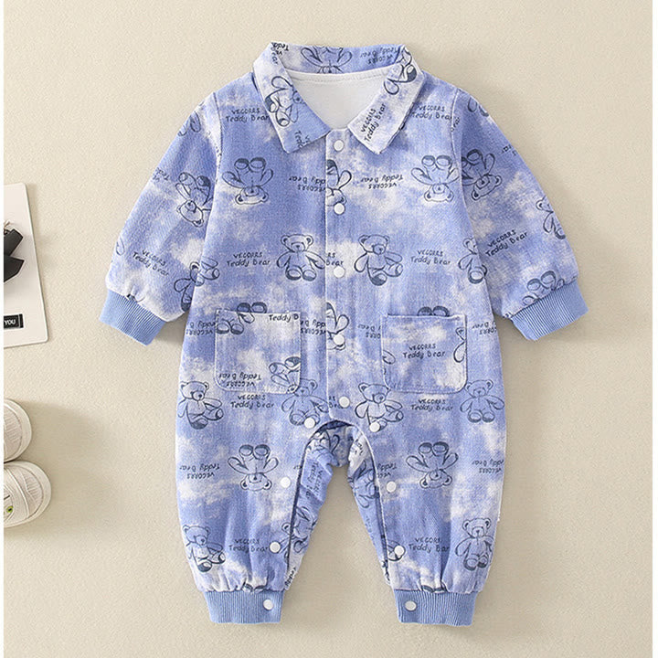 TEDDY BEAR Baby Cartoon Blue Denim Pocket Romper
