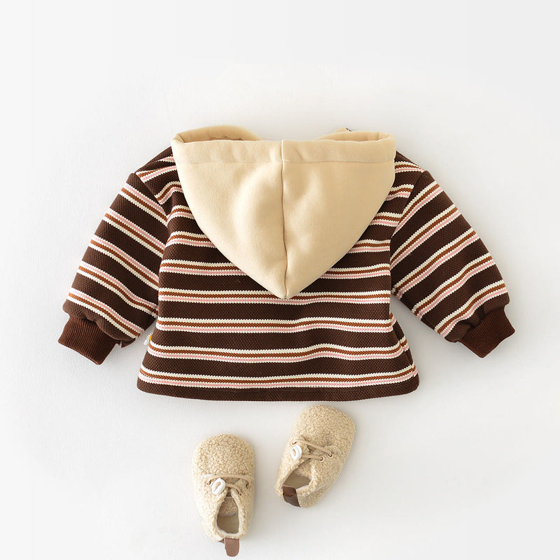 Baby Brown Striped Button Fleece Lined Hoodie