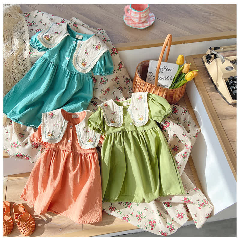 Toddler Girl Embroidered Flower Lapel Collar Dress