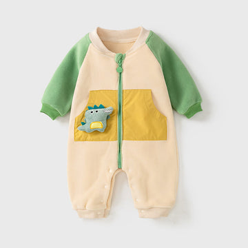 Baby 3D Dinosaur Contrast Sleeves Pocket Romper