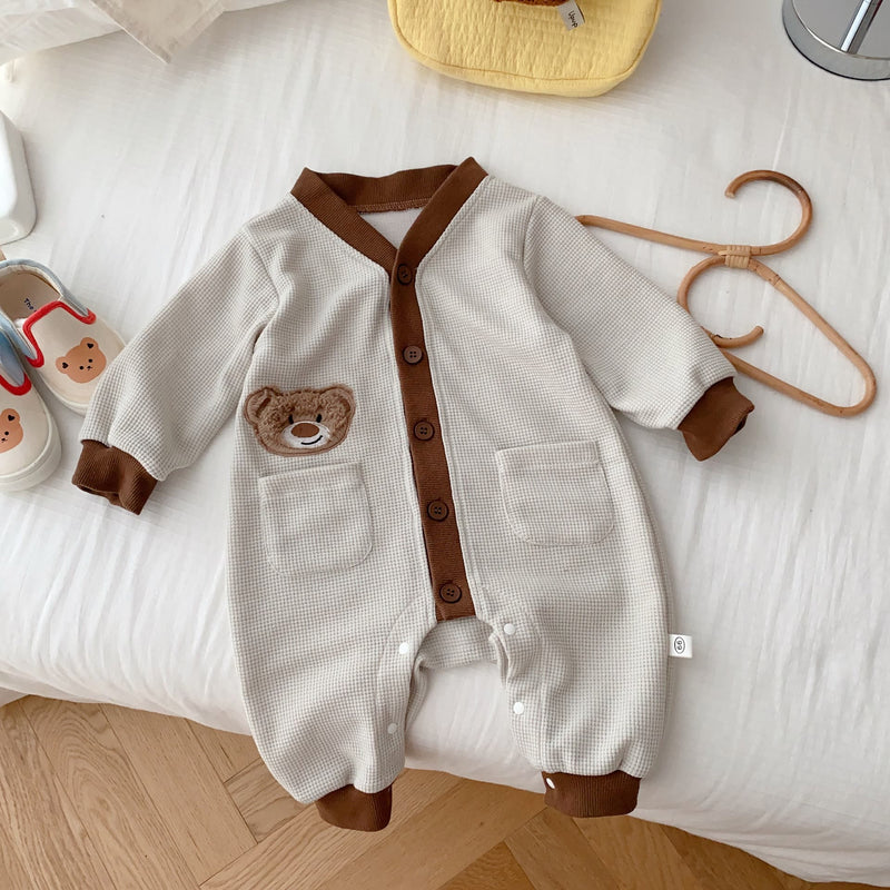Baby Bear Button Waffle Pocket Romper Cardigan