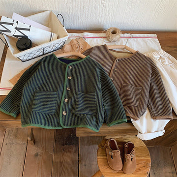 Toddler Pocket Striped Round Neck Cardigan