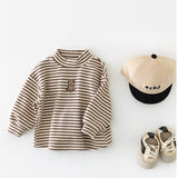 Baby Striped Embroidered Bear High Collar T-shirt