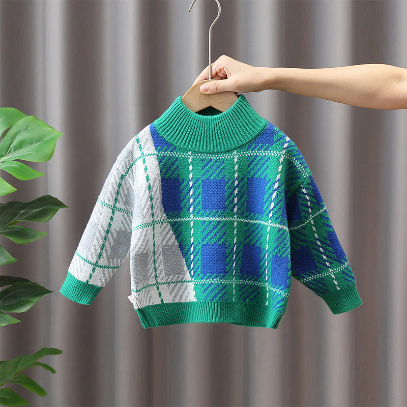 Toddler Green High Collar Plaid Knitted Sweater