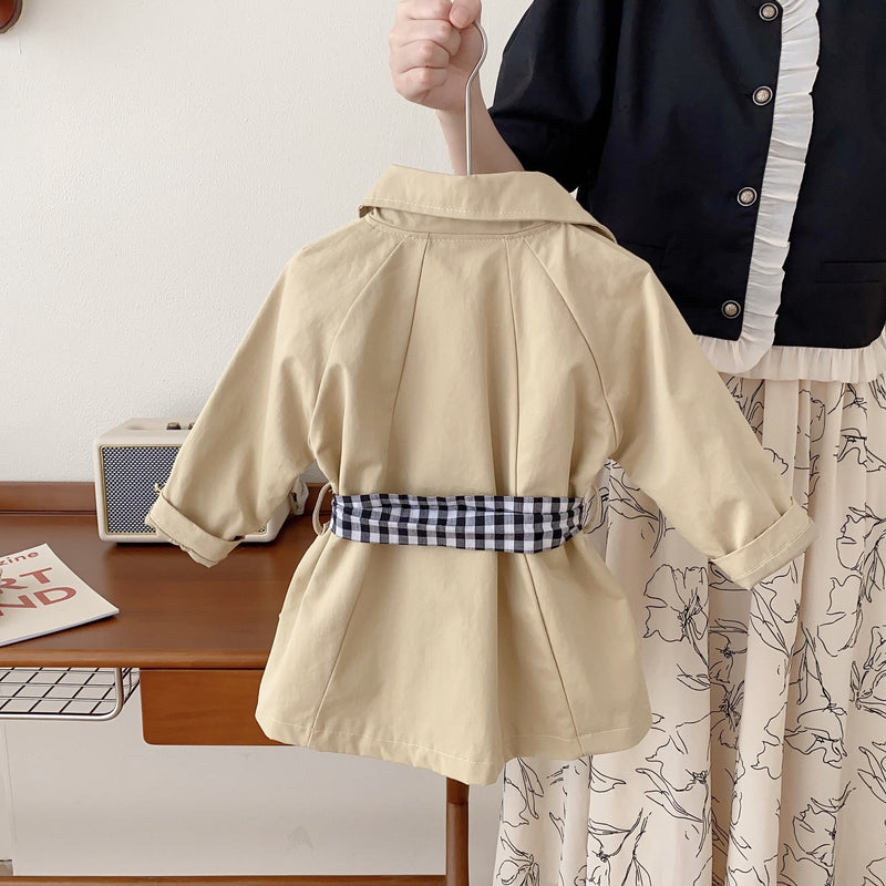Toddler Girl Collar Plaid Khaki Coat with Belt