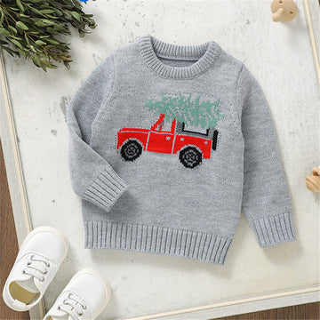 Toddler Red Car Leaves Knitted Grey Sweater