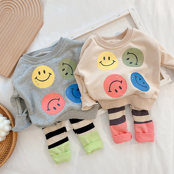 Baby Smiling Face Sweatshirt & Striped Leggings Set