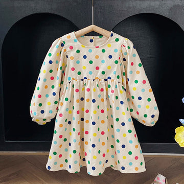 Toddler Girl Colorful Dots Puff Sleeves Dress