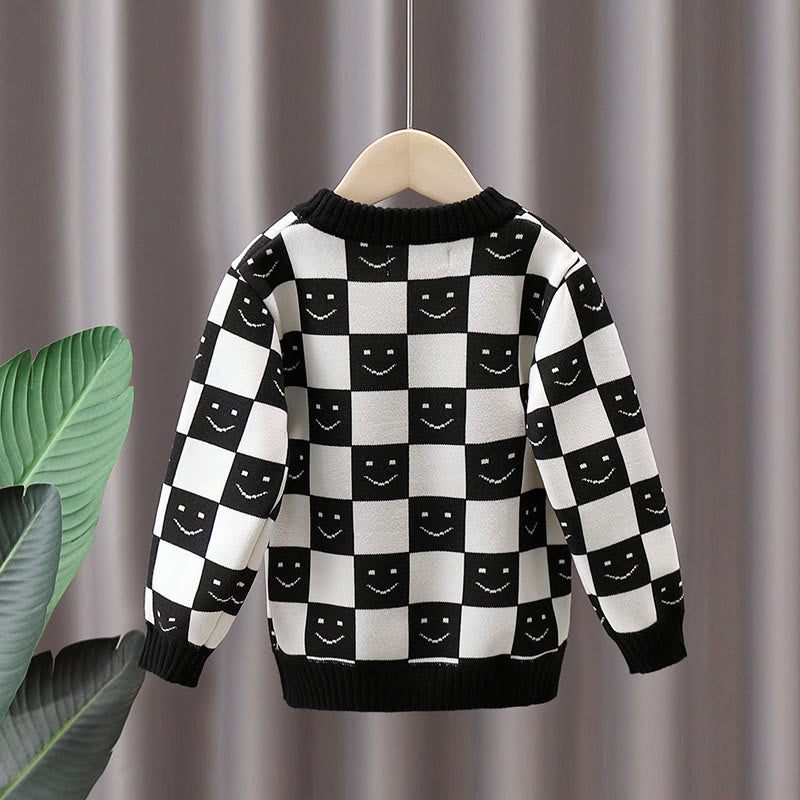 Toddler Boy Happy Face Plaid Knitted Black Sweater
