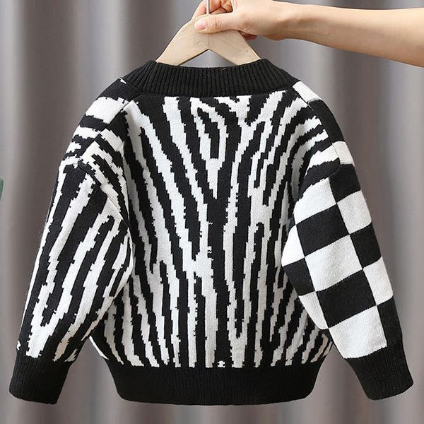 Toddler Boy Black Plaid Zebra-striped Knitted Cardigan