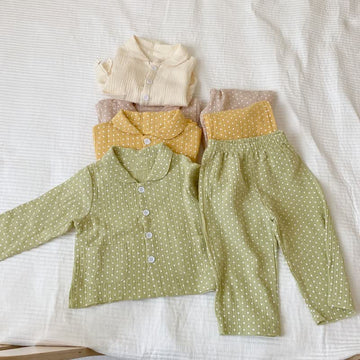 Toddler Dot Lapel Collar Top and Pants Pajamas Set