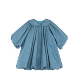 Toddler Girl Blue Puff Sleeves Collar Button Dress