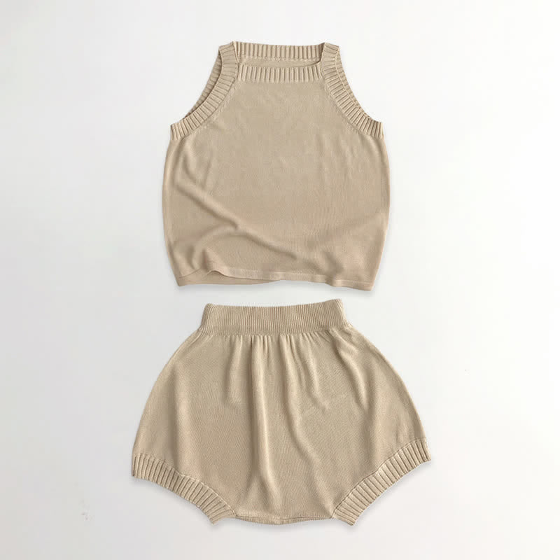 Toddler Solid Color Knitted Tank Top and Shorts Set