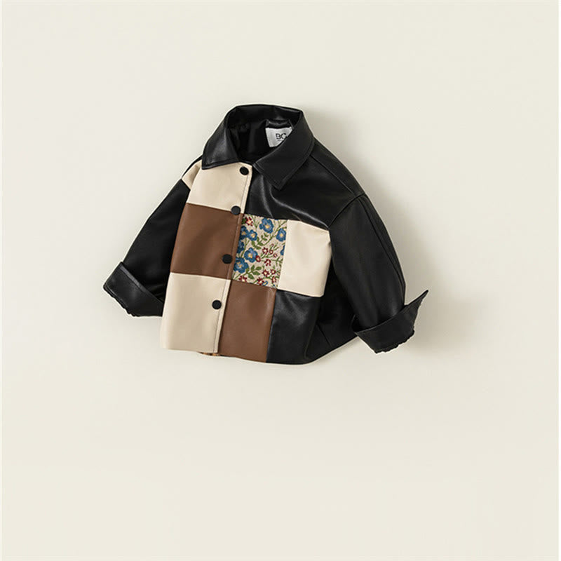 Toddler Color Block Flower Plaid Collar Leather Jacket