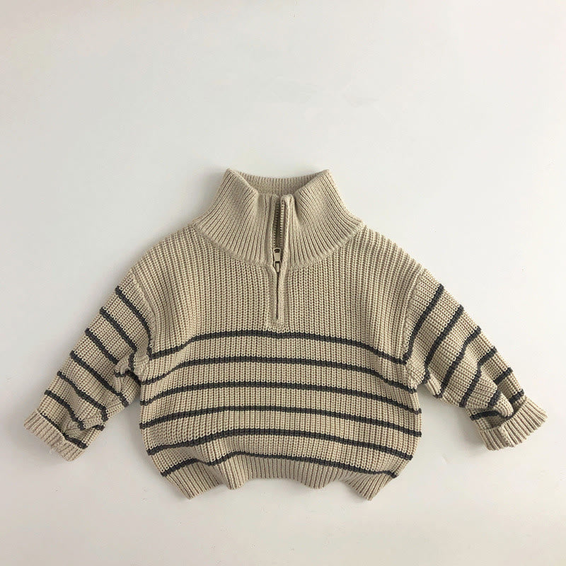 Toddler Zipper High Collar Striped Retro Style Sweater