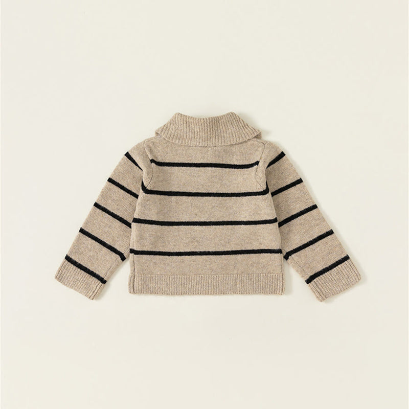 Toddler Lapels Khaki Broad-striped Knitted Casual Sweater