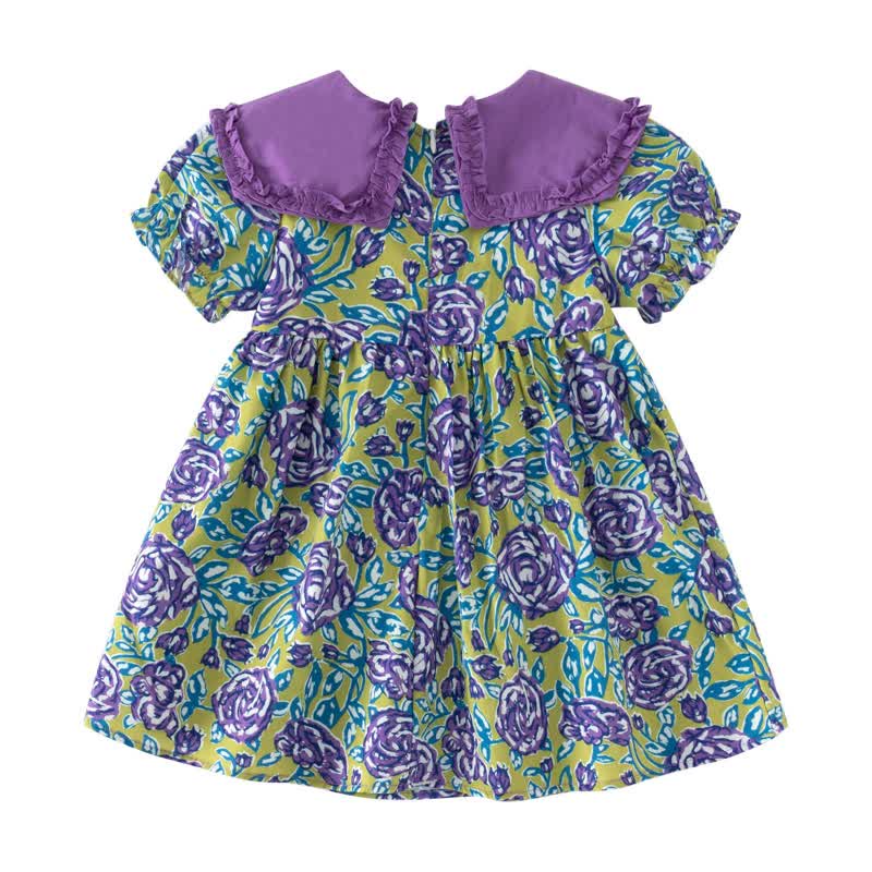 Toddler Girl Flower Lace Lapel Collar Puff Sleeve Dress